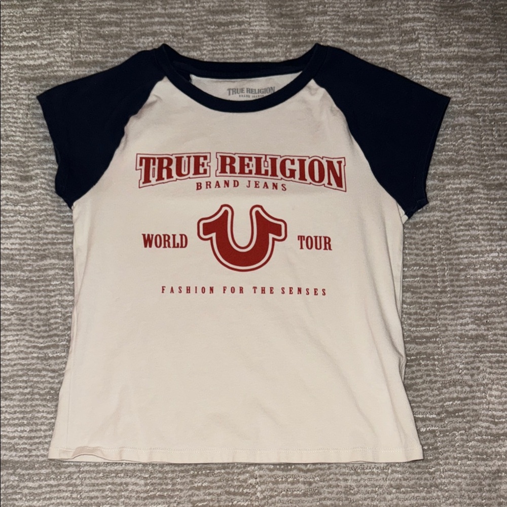 True Religion Baby-T: Off-White, Navy, and Red Graphic Tee